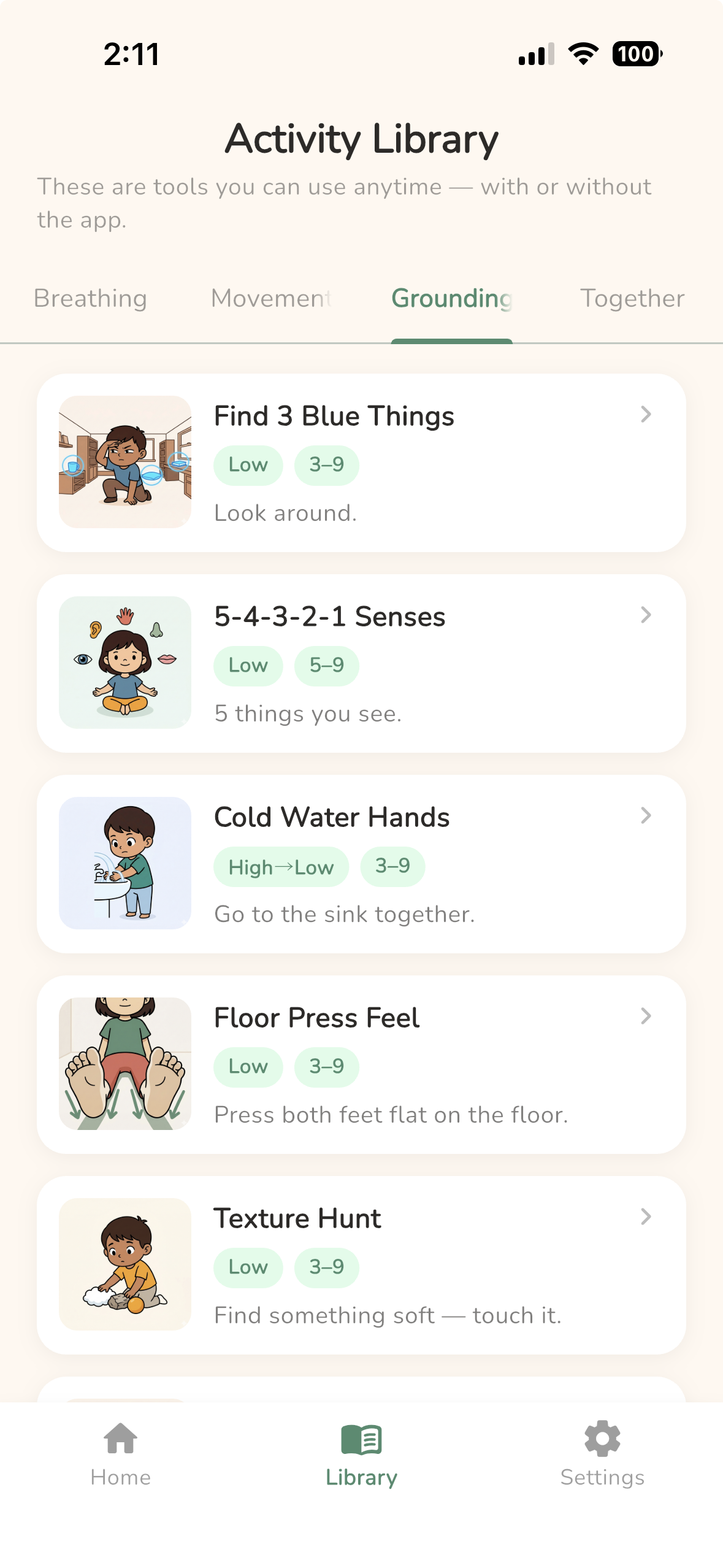 Activity Library screen in LittleAnchor