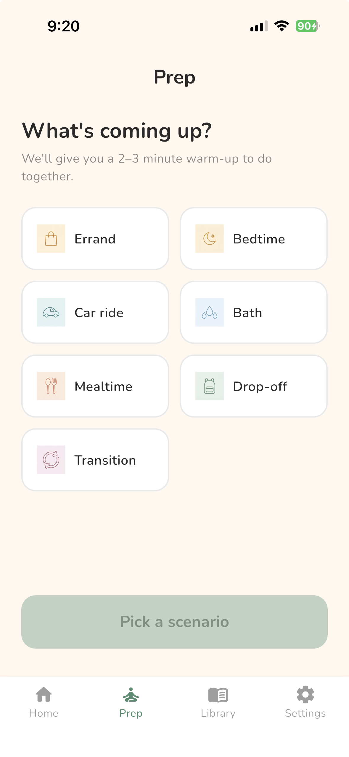 Prep screen in LittleAnchor showing scenario selection
